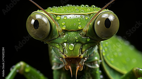 Close up of grasshopper with water drops on eyes. Generative AI