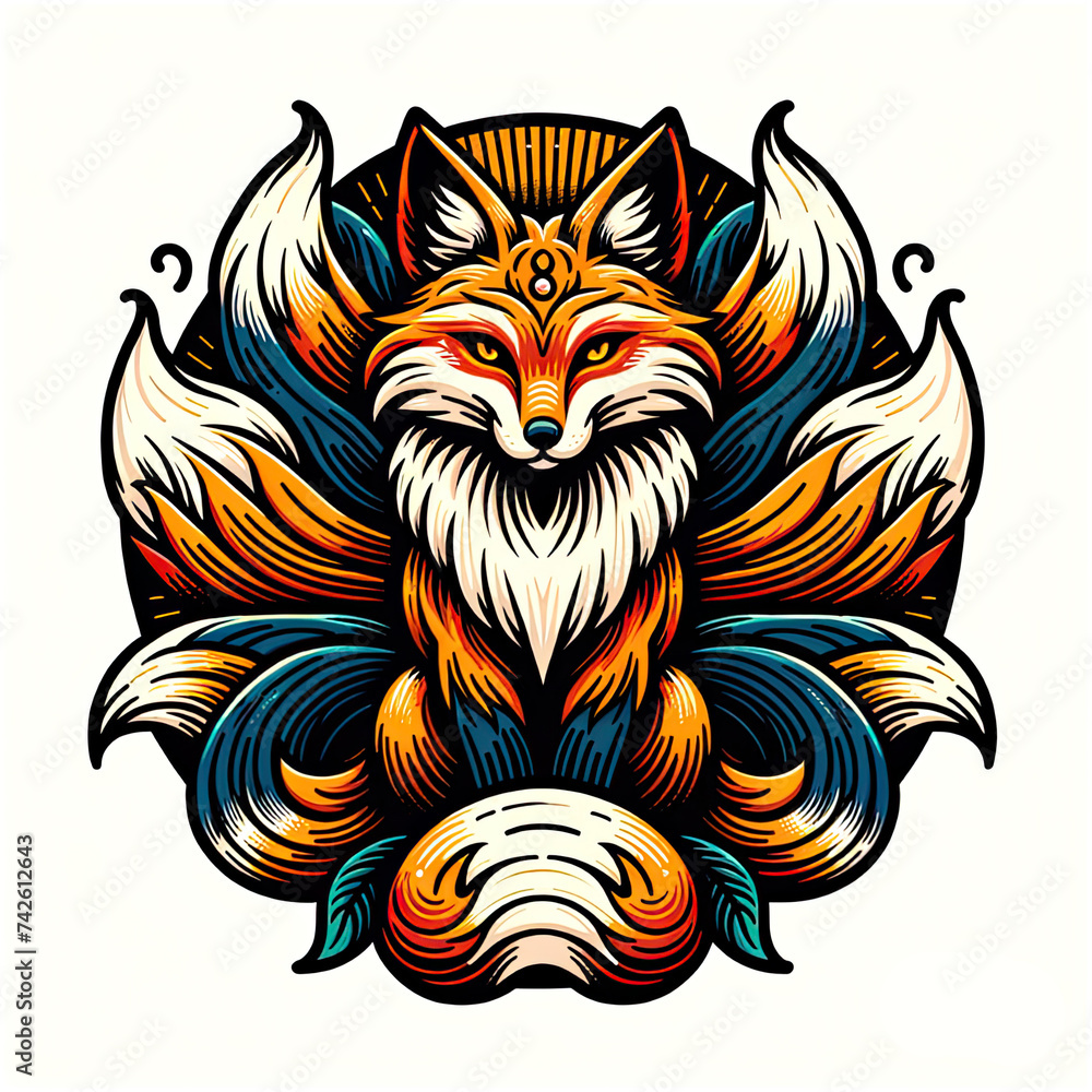 abstract illustration of Japanese fantasy creature nine tailed fox ...