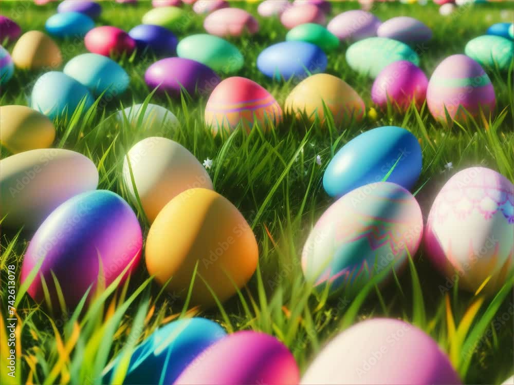 Easter eggs nestled in vibrant grass and a cozy nest, adorned with cheerful colors, symbolize the joyous celebration of spring Easter eggs nestled in vibrant grass and a cozy nest, adorned with cheerful colors, symbolize the joyous celebration of spring