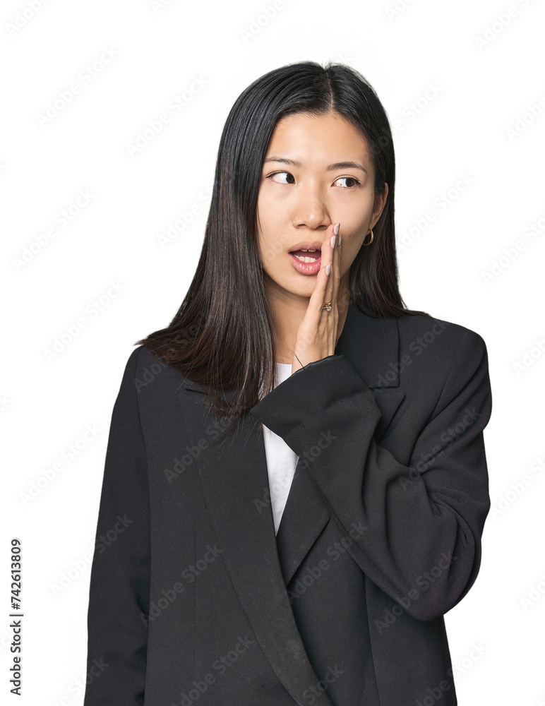 Young Chinese woman in business suit is saying a secret hot braking news and looking aside