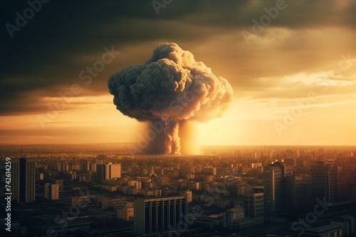 Nuclear bomb explosion in modern big city megapolis with skyscrapers, nuclear war concept photo
