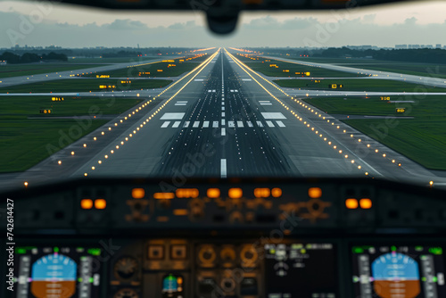 Airplane approaching for landing in front of the runway, view from the aircraft cabin with elements of accessories. Airplane landing, view from the pilot's chair
