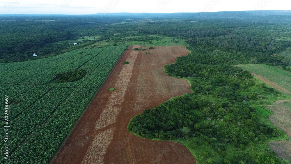 Field being prepared for agriculture preserving environmental protection area, Concept of sustainable agriculture and ecology, Aerial perspective 