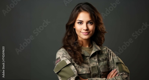 Mujer militar sonriente con uniforme de camuflaje photo