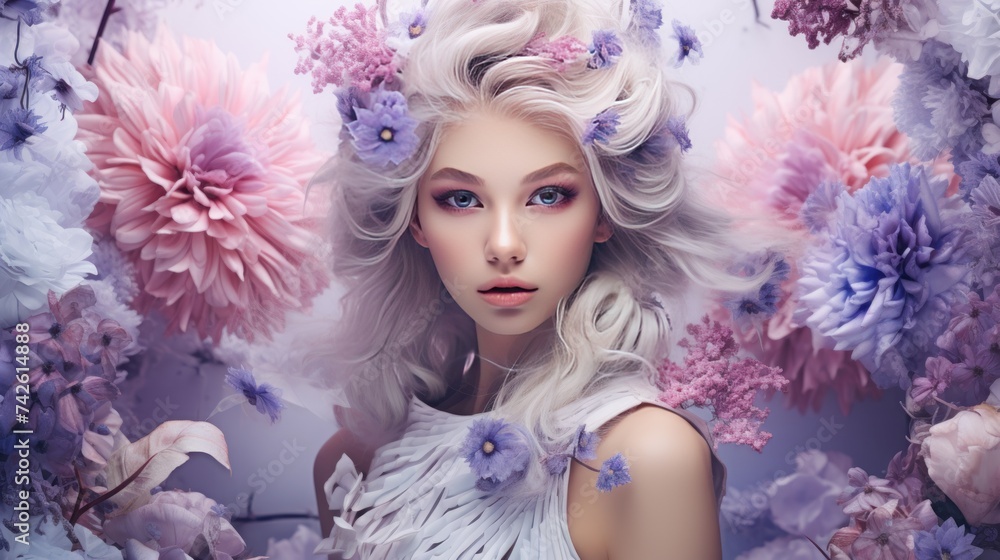 Collection of pictures of Harajuku girls, Instagram, flowers, purple and white style. Background wallpaper painted on canvas with oil paints. Aurora punk extravagant, exquisite, ancient smile