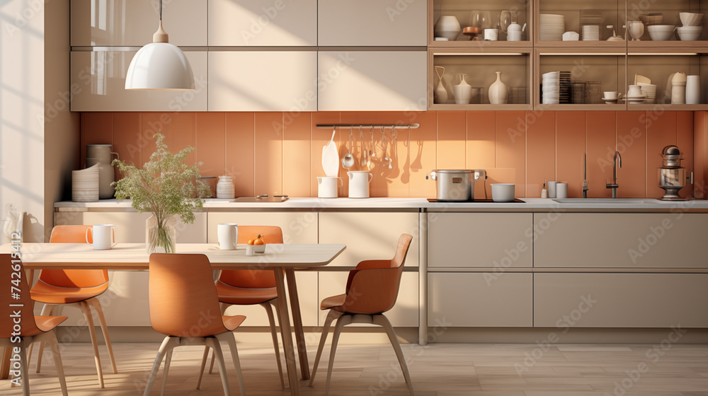 Kitchen with orange cabinetry, table, chairs, and wooden shelving