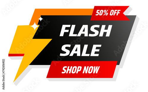 Flash Sale promotional labels template. 50% off text design with thunder sign, discount shopping, sale promotion and advertising. Vector illustration.