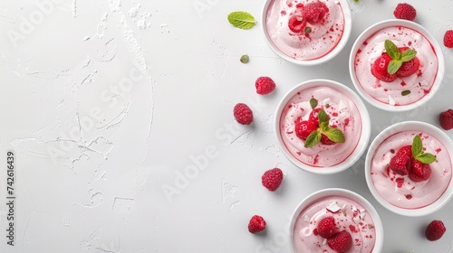 Bowls of healthy strawberry yogurt on white background
