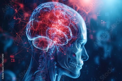 AI Brain Chip semiconductor. Artificial Intelligence scs human virtual memory paging mind circuit board. Neuronal network big data smart computer processor stream filtering