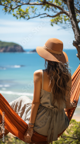 Charming young woman enjoys a serene moment in a hammock on a tropical beach, embodying relaxation and summer vibes