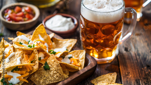 Nachos and cheese in tray with beer.