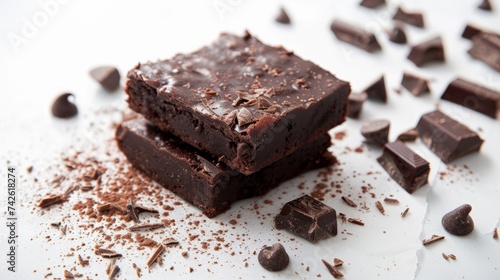 Homemade brownie with dark chocolate isolated on white background.