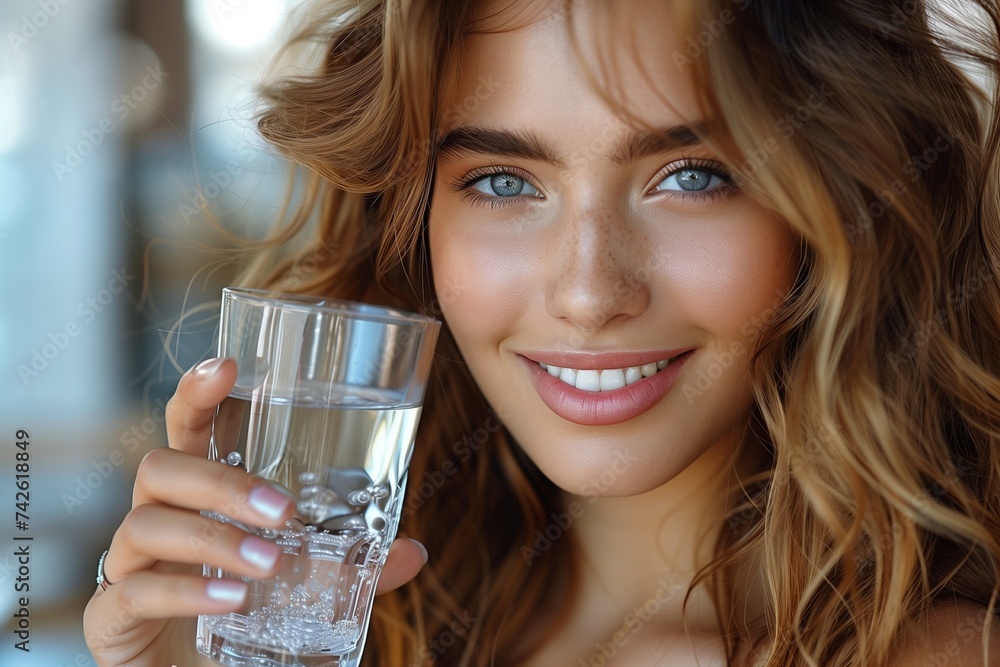 Young European Woman Glows with Health, Holding Glass of Water with Bright Smile and Sparkling Eyes Young European Woman Glows with Health, Holding Glass of Water with Bright Smile and Sparkling Eyes