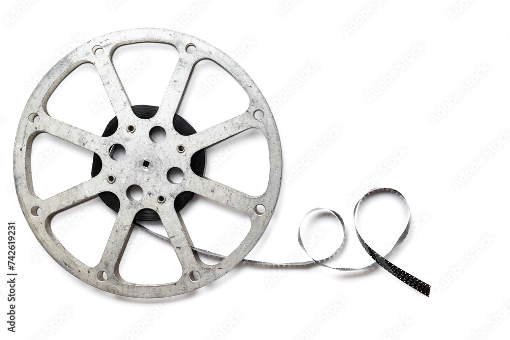 Cinema industry and movie background with film reels, top view