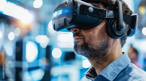 Closeup of a virtual reality headset being worn by an engineer simulating the experience of controlling and manipulating a digital twin of a physical et