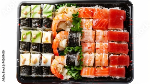 Rice square rolls with shrimp, eel, vegetables, creamy white cheese and sweet sauce. Asian sushi of two types on a plastic tray,