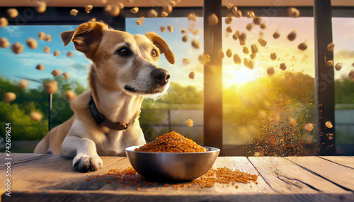 A mixed breed dog with a bowl of food, Dog food flying around in different directions