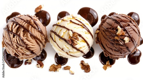 Three different flavored scoops of frozen Italian ice-cream topped with drizzled chocolate and walnuts viewed from above on white