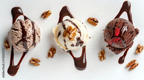 Three different flavored scoops of frozen Italian ice-cream topped with drizzled chocolate and walnuts viewed from above on white
