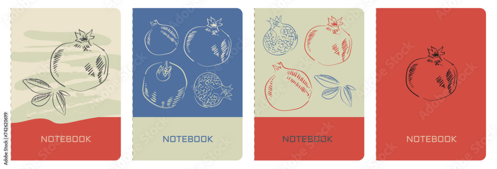 Universal abstract layouts with pomegranate fruits in vintage colors. Cover page templates. Floral print. For notebooks, planners, brochures, books, catalogs, etc. Vector.