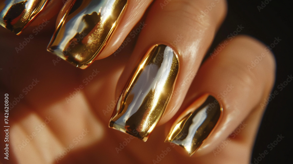 Luxurious Golden and Chrome Manicure Close-up. Close-up view of a hand with shiny metallic gold and chrome nail polish, modern beauty trends