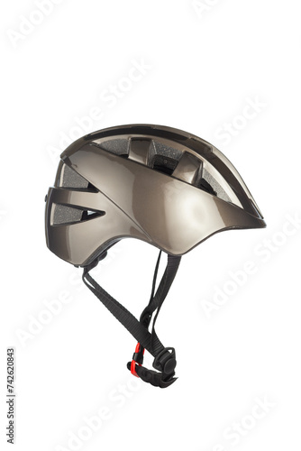 A studio shot of a gray helmet for byciclist isolated on white background. Bicycle helmet with a strap for fixing on the head. Side view.