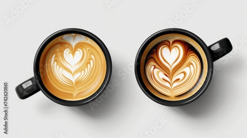 Realistic Enamel Metal Brown Mug with Black and Foam Milk Coffee Isolated on White Background. Capuccino, Latte, Espresso, Flower, Heart Pattern. Top View. Design Template for Mock up