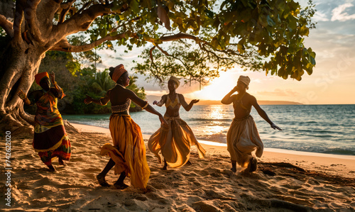 Fototapeta Naklejka Na Ścianę i Meble -  Reggae Rhythms on Jamaican Shores: A Group of Energetic Dancers Showcases the Infectious Beats on Sun-Kissed Beaches, Creating a Picturesque Backdrop for an Unforgettable Caribbean Dance Experience.	
