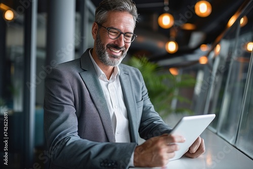 Happy mid aged business man wearing suit standing in modern office using digital tablet. Mature businessman professional manager holding tab working on financial data on fintech, Generative AI