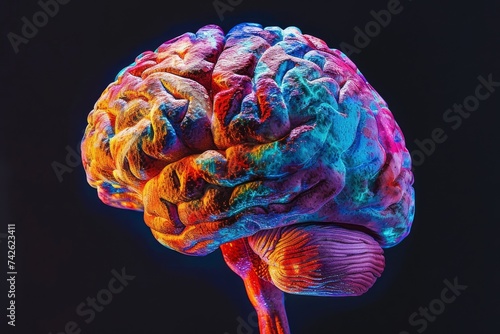 AI Brain Chip research. Artificial Intelligence efficiency mind neurological biomarkers circuit board. Neuronal network long range connection computer processor neon glacier blue photo