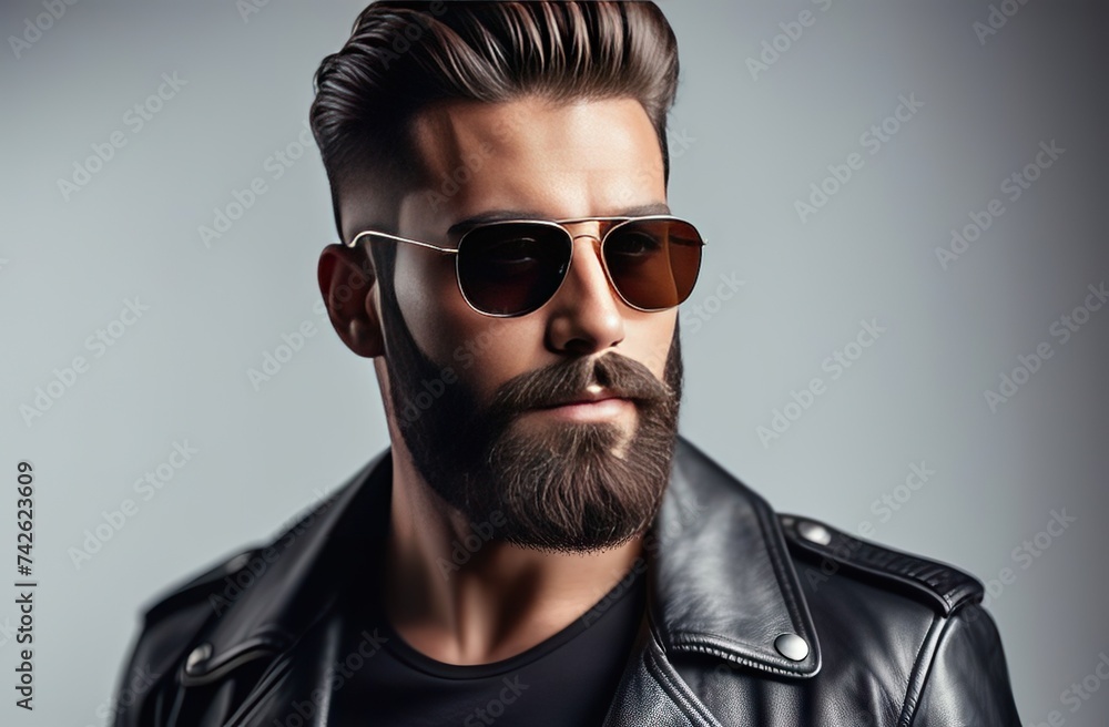 Young, handsome man, wearing sunglasses, leather black jacket,studio portrait at grey background. Young, handsome man, wearing sunglasses, leather black jacket,studio portrait at grey background.
