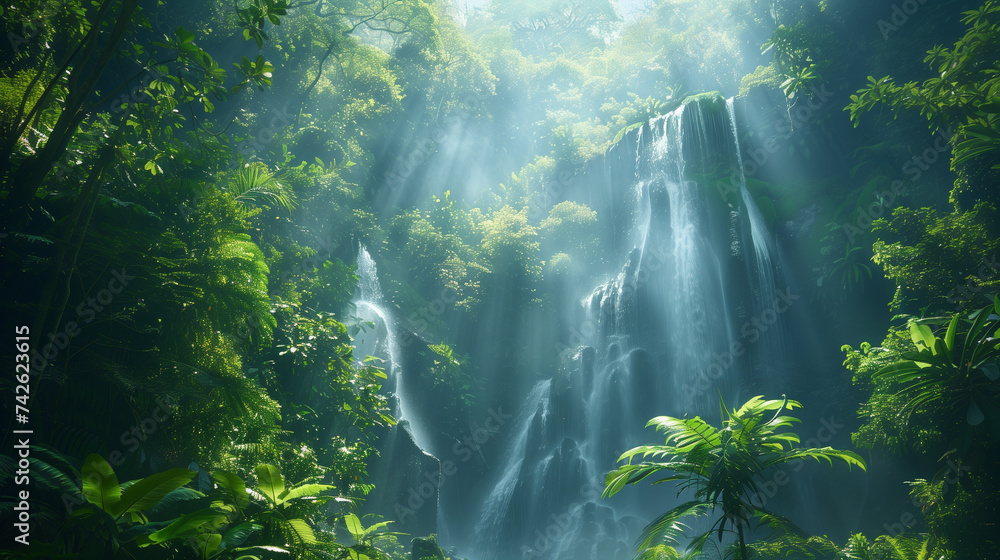 Obraz premium Amidst the verdant foliage of the enchanted forest, sun rays dance through the canopy, casting an enchanting glow upon a gentle waterfall, creating a scene of natural wonder.
