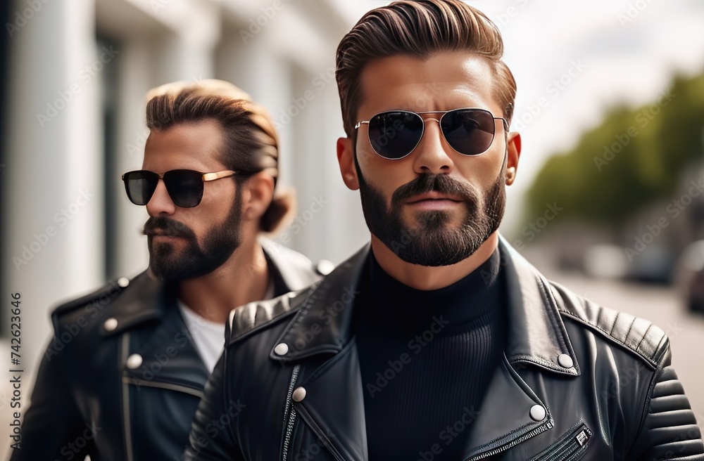 Handsome mans with a trendy hairstyle and biker jacket showcases a striking fusion of rugged and stylish appeal. Handsome mans with a trendy hairstyle and biker jacket showcases a striking fusion of rugged and stylish appeal.