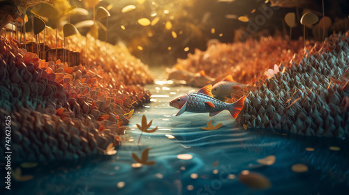 Captivating Underwater World: A Stunning Display of Nature's Beauty in an Autumn Aquarium with Fish, Colorful Leaves, and Serene Rivers, generative AI