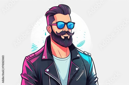 Handsome man with a trendy hairstyle and biker jacket showcases a striking fusion of rugged and stylish appeal,flat illustration with copy space. © Julija AI