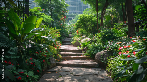 A peaceful stone path winds through a vibrant urban garden with lush tropical plants and sunlight filtering through.