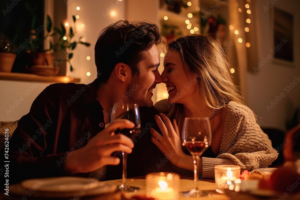 Happy young couple in love hugging, laughing, drinking wine, enjoying talking, having fun together celebrating Valentines day dining at home, having romantic dinner date with candles, Generative AI