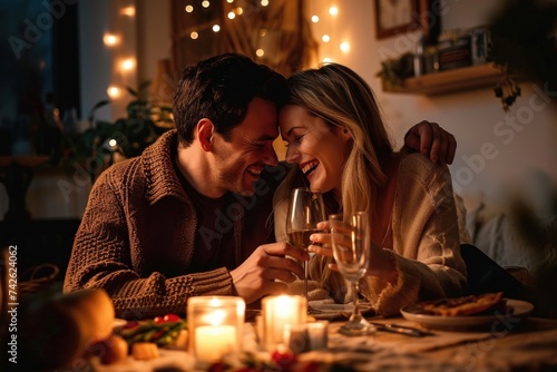 Happy young couple in love hugging  laughing  drinking wine  enjoying talking  having fun together celebrating Valentines day dining at home  having romantic dinner date with candles  Generative AI