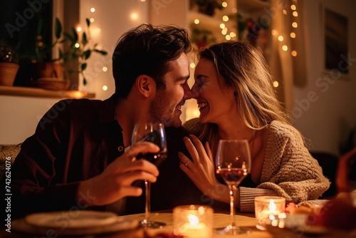 Happy young couple in love hugging  laughing  drinking wine  enjoying talking  having fun together celebrating Valentines day dining at home  having romantic dinner date with candles  Generative AI