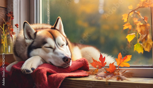 A dreaming siberian husky dog sleeping on a cozy warm window sill in autumn