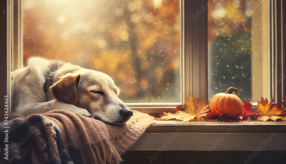 A dreaming mixed breed dog sleeping on a cozy warm window sill in autumn - obrazy, fototapety, plakaty 