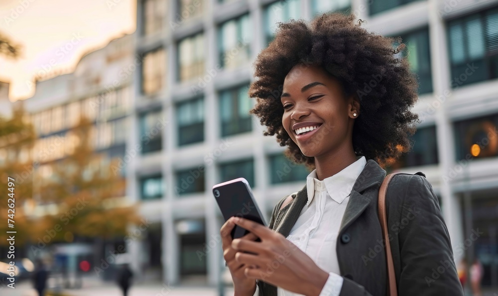 Fototapeta premium Happy busy young African American business woman using mobile phone outdoors. Smiling female professional holding smartphone walking at city street looking at cell working outside, Generative AI
