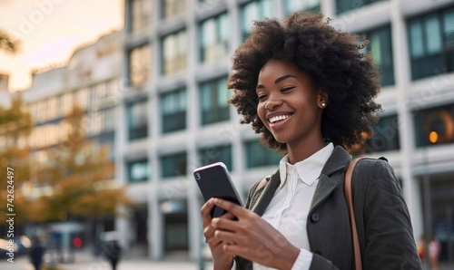 Happy busy young African American business woman using mobile phone outdoors. Smiling female professional holding smartphone walking at city street looking at cell working outside, Generative AI