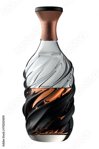 Whiskey bottle, transparent, isolated. Transparent whiskey bottle. Mockup ready, unbranded. Alcoholic beverage bottle. photo