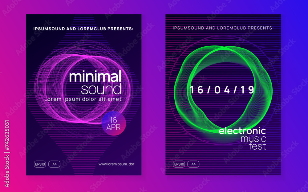 Dance flyer. Dynamic fluid shape and line. Modern concert magazine set. Neon dance flyer. Electro trance music. Techno dj party. Electronic sound event. Club fest poster.