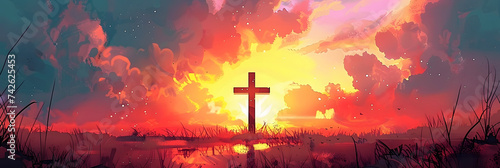 Cross of Jesus Christ at sunset. Easter concept. Illustration.