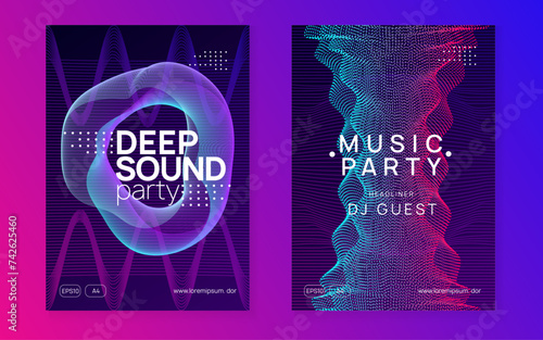 Dj flyer. Dynamic fluid shape and line. Geometric concert magazine set. Neon dj flyer. Electro dance music. Electronic sound event. Club fest poster. Techno trance party.