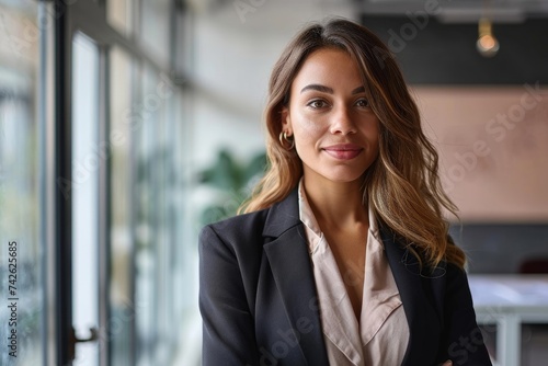 Smiling elegant confident young professional business woman, female proud leader, smart businesswoman lawyer or company manager executive looking at camera standing in office, Generative AI