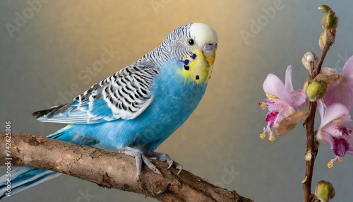 A blue budgie on a branch