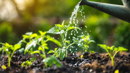 Watering seedling tomato plant garden with watering can photo